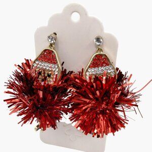Santa Claus Earrings Festive Red Tinsel Pom Pom Rhinestone Pierced